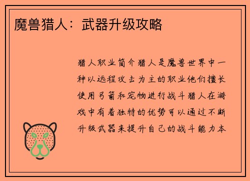 魔兽猎人：武器升级攻略